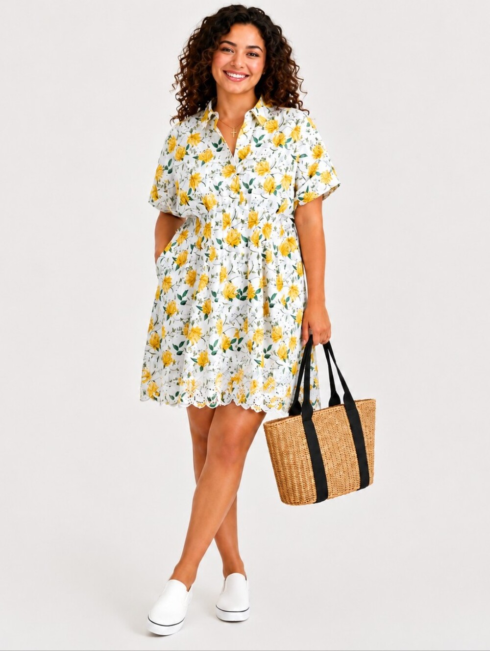 ON 34TH Plus Size Floral Cutwork Mini Spring Shirtdress, Size 2XL